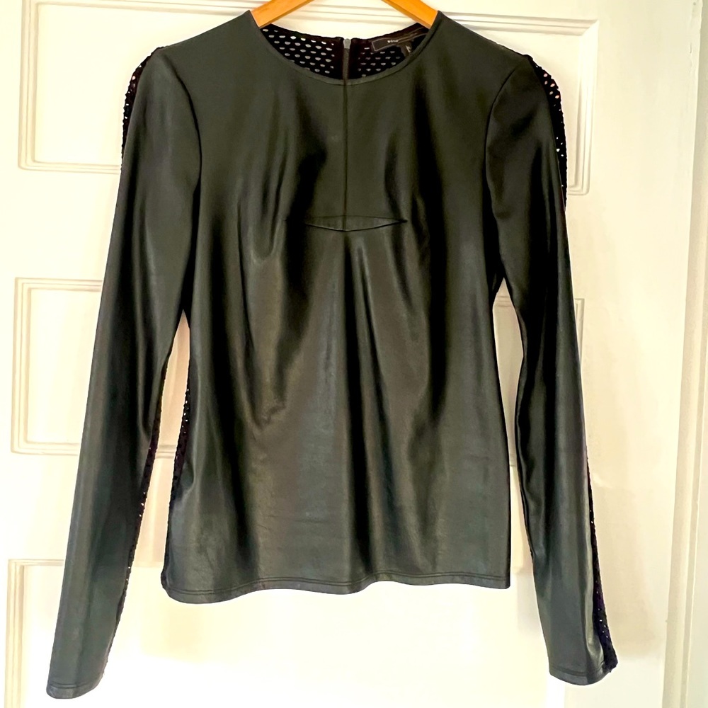 BCBG MaxAzria Vegan Leather Top with Mesh Back and Exposed Zipper